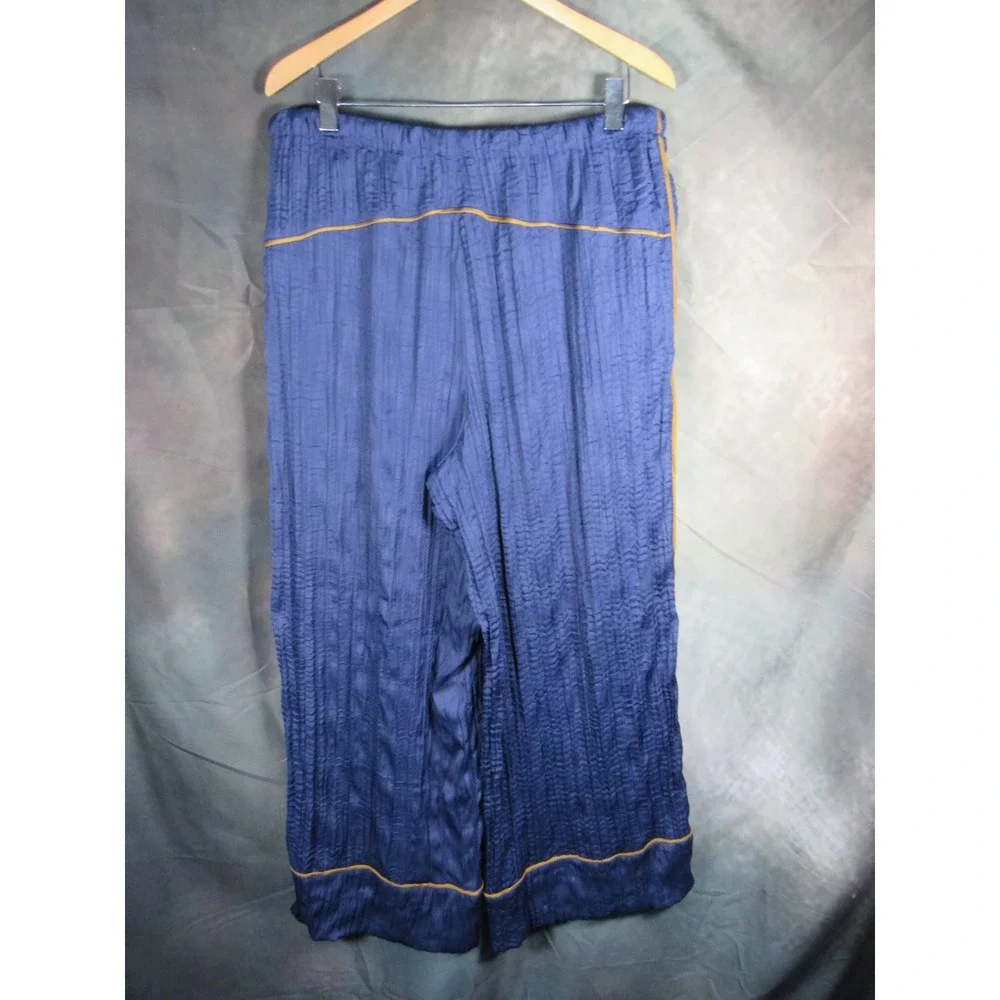 Free People Navy Blue Crinkle Wide Leg Pants Gold Piping XL